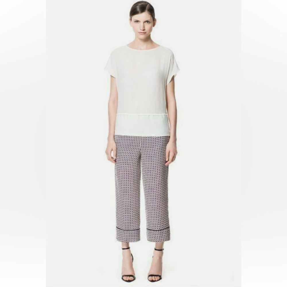 Zara Woman Printed Trousers Elastic Waist Cropped Pants Size XS